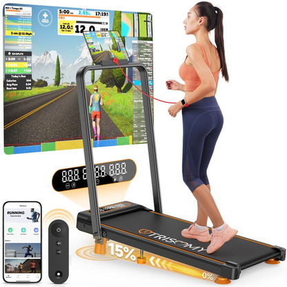 Trisomy 4 in 1 Smart Low Noise 3.5HP Foldable Handle Walking Pad 330Lbs Treadmill Fitness Equipment with Adjustable Incline, APP, Remote Control and LED Display for Home Gym and Office
