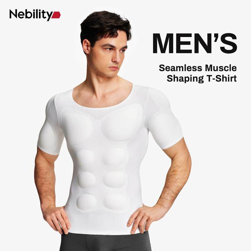 【Nebility】 Men’S Invisible Seamless Muscle-Enhancing T-Shirt with Removable Muscle Pads and Light Compression Function, Suitable for Everyday Wear, Cosplay, and Special Occasions