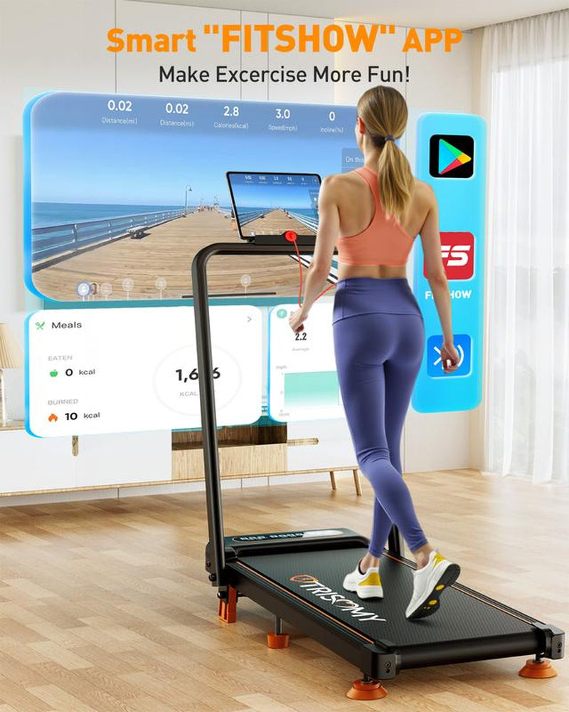 Trisomy 4 in 1 Smart Low Noise 3.5HP Foldable Handle Walking Pad 330Lbs Treadmill Fitness Equipment with Adjustable Incline, APP, Remote Control and LED Display for Home Gym and Office