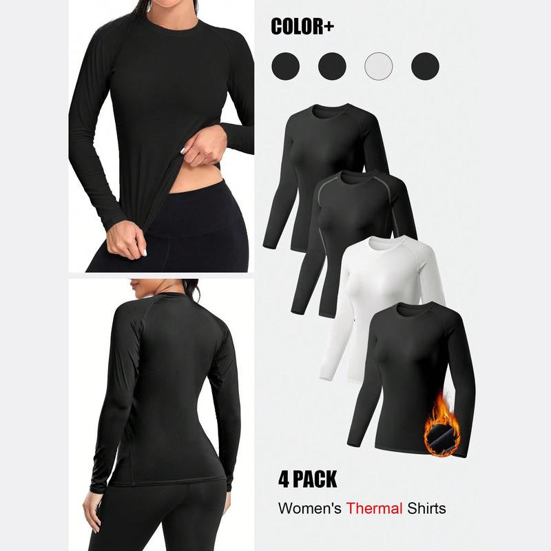 4 Pack Women'S Long Sleeve T Shirts Compression Workout Tops Thermal Shirts Fleece Lined Tops Long Sleeve Compression Workout Baselayer for Skiing Gym Outdoor Sports