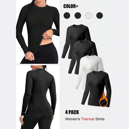 4 Pack Women'S Long Sleeve T Shirts Compression Workout Tops Thermal Shirts Fleece Lined Tops Long Sleeve Compression Workout Baselayer for Skiing Gym Outdoor Sports