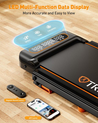 Trisomy 4 in 1 Smart Low Noise 3.5HP Foldable Handle Walking Pad 330Lbs Treadmill Fitness Equipment with Adjustable Incline, APP, Remote Control and LED Display for Home Gym and Office