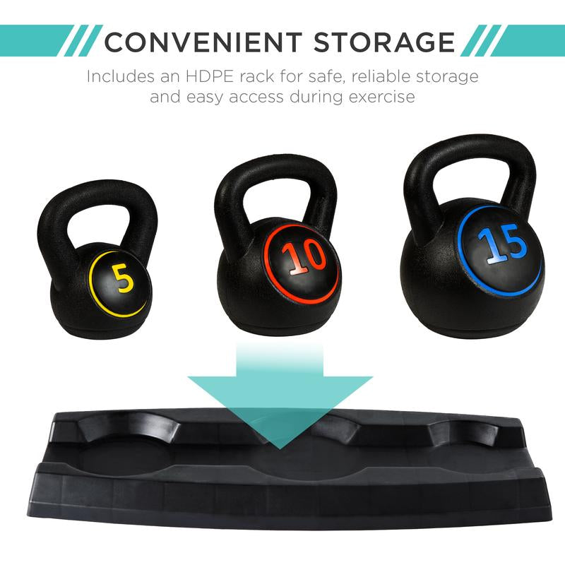 Best Choice Products 3-Piece Kettlebell Set with Storage Rack, Exercise Fitness Concrete Weights 5Lb, 10Lb, 15Lb