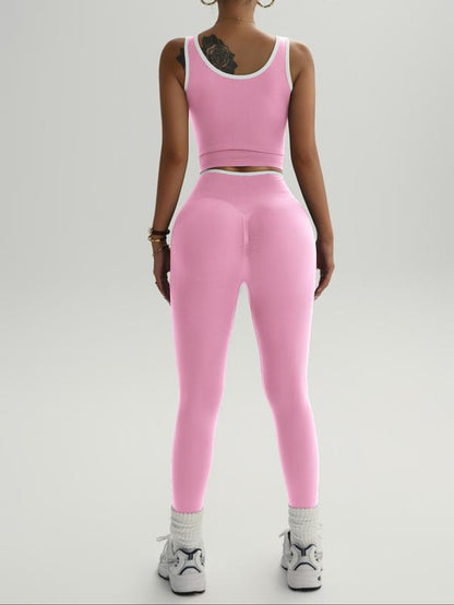 Women'S Sporty Seamless Yoga Set, Contrast Binding High-Waisted Sleeveless Top & Pants, All-Season Tight-Fit Fitness, Yoga Clothes Set
