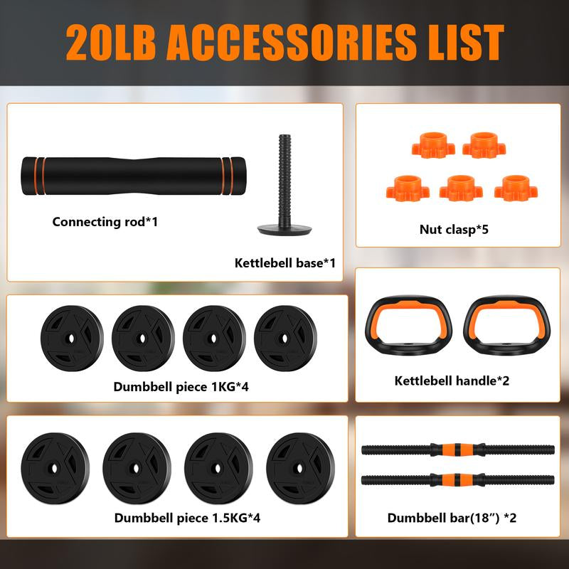 FIXTECH 20 LBS Adjustable Weight Dumbbell Set, 4 in 1 Home Gym Equipment with Dumbbell, Barbell, Kettlebell, Push-Up Modes - Fitness Exercise for Home Gym