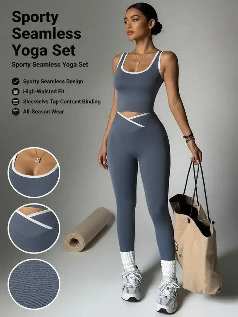 Women'S Sporty Seamless Yoga Set, Contrast Binding High-Waisted Sleeveless Top & Pants, All-Season Tight-Fit Fitness, Yoga Clothes Set