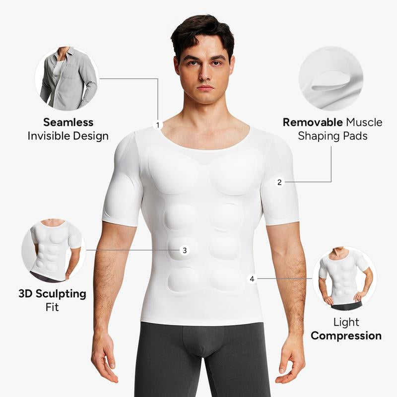 【Nebility】 Men’S Invisible Seamless Muscle-Enhancing T-Shirt with Removable Muscle Pads and Light Compression Function, Suitable for Everyday Wear, Cosplay, and Special Occasions